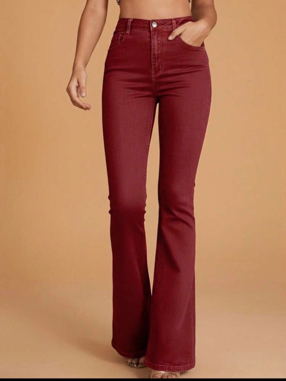 High-Waist Flared Jeans in Burgundy